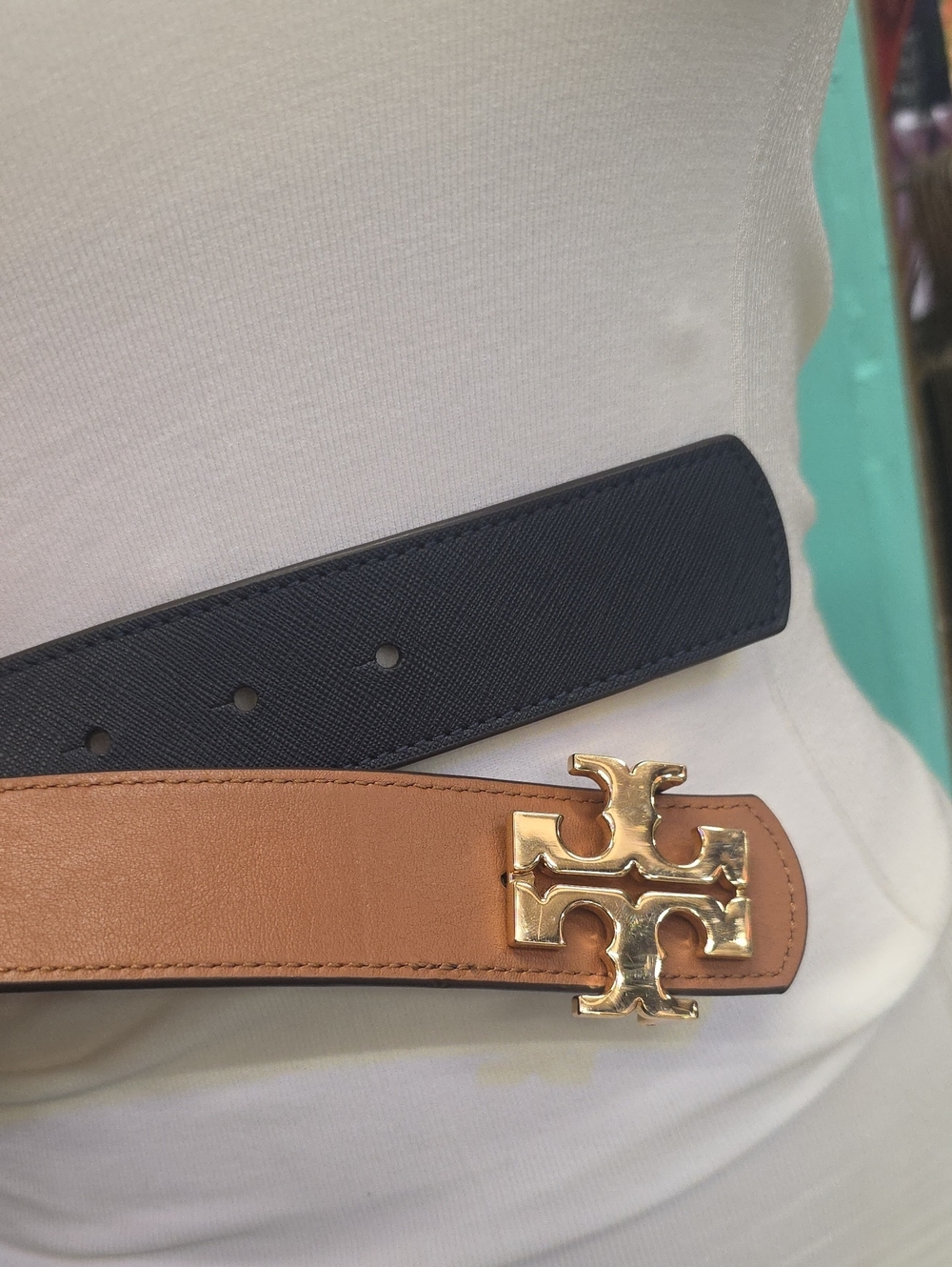 Tory Burch Reverisable Logo Buckle Leather Waist Belt Dark Blue And Tan - Picture 5 of 9